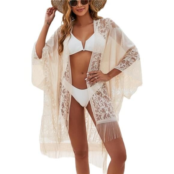 Sexy Elegant Lace Kimono Cover Up Beige